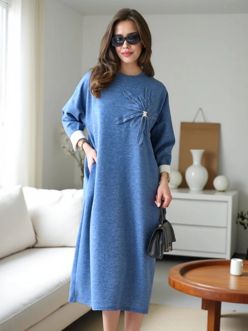 Royalfashion Жіноча мідийна сукня з тканини, оверсайз, з квіткою