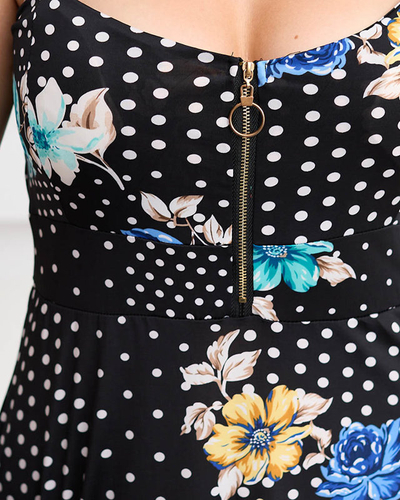 Dámské černé šaty s puntíky a modrými květy- Oblečení