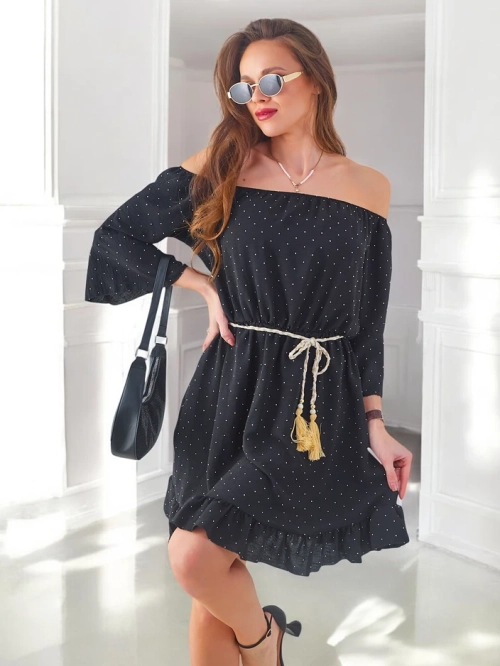 Royalfashion Жіноча міні-сукня з відкритими плечима, з довгими рукавами та стразами