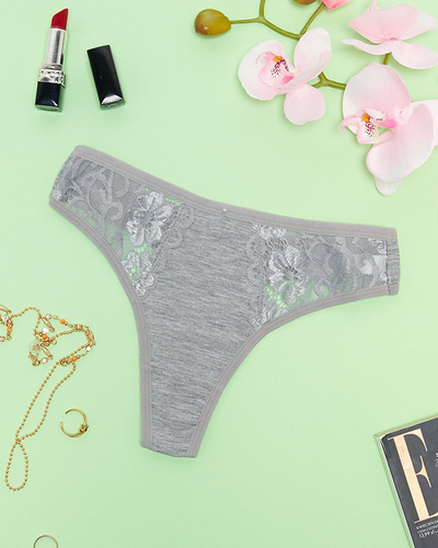 Сірі бавовняні жіночі стрінги з декоративним мереживом - Нижня білизна