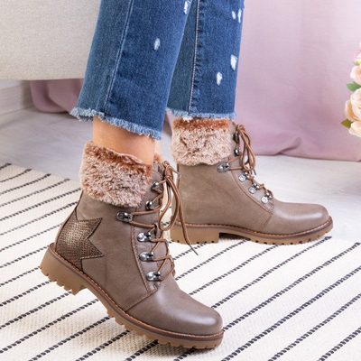 Brązowe workery z futerkiem Zirca - Obuwie