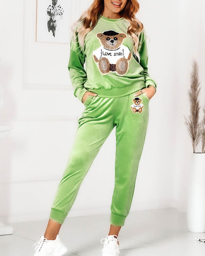 Велюровий зелений спортивний комплект з нашивкою ведмедика - Одяг