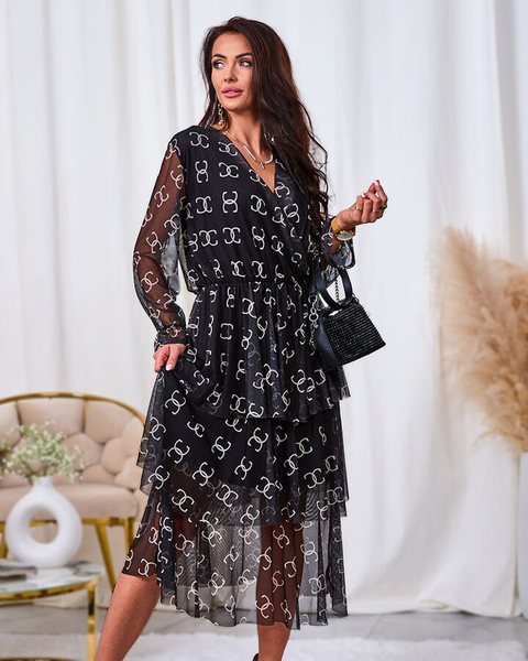 Royalfashion Чорна сукня міді в сітку з принтом