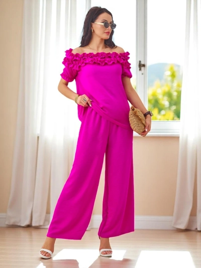 Royalfashion жіночий комплект з блузою без рукавів з короткими рукавами та декоративним вирізом та широкими штанами