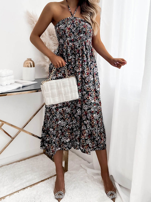 Жіноча темно-синя сукня міді з квітковим принтом PLUS SIZE - Одяг