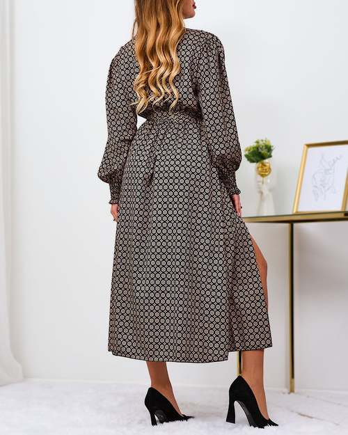 Royalfashion Бежево-чорна візерунчаста жіноча максі-сукня