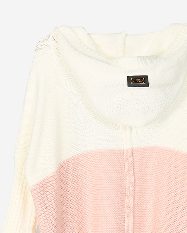 Dámský svetr dlouhý pelerína, krémově-růžovo-šedá barva - Oblečení