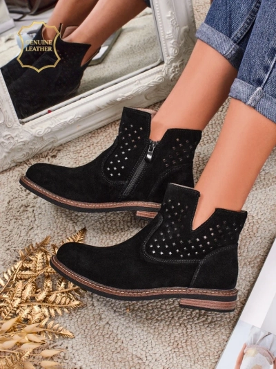 Botki Aurelia Nero zamszowe ażurowe botki damskie płaski obcas 3cm