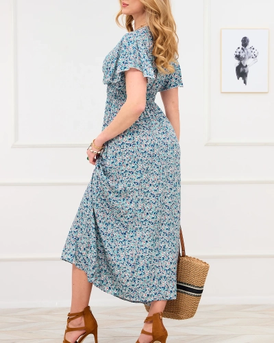 Zelené dámské květované šaty s obálkovým výstřihem - Oblečení