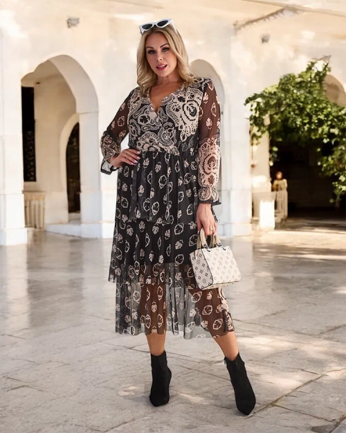 Royalfashion Чорно-бежева сукня-міді з сітки з принтом