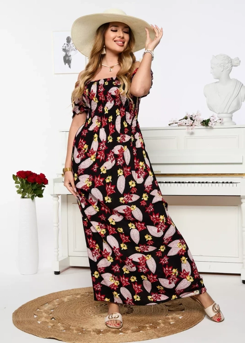 Жіноча чорна сукня міді з червоним квітковим візерунком - Одяг