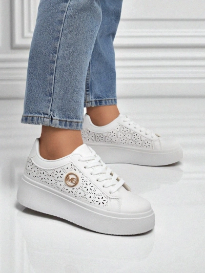 Жіночі снікерси Aelia Royalfashion на платформі білі ажурні ecru