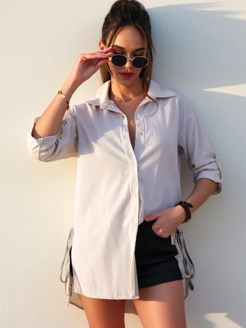 Royalfashion Довга жіноча смугаста бавовняна сорочка з зав'язкою на поясі