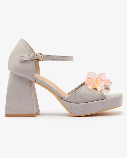 Жіночі босоніжки OUTLET Royalfashion Grey на масивній шпильці з кристалами Celidi