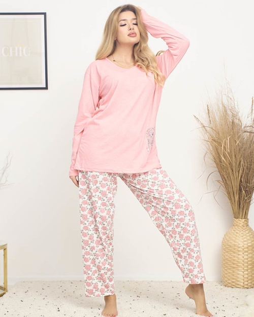 Піжама жіноча з квітковим принтом рожевого кольору PLUS SIZE- Одяг