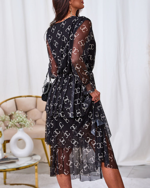 Royalfashion Чорна сукня міді в сітку з принтом