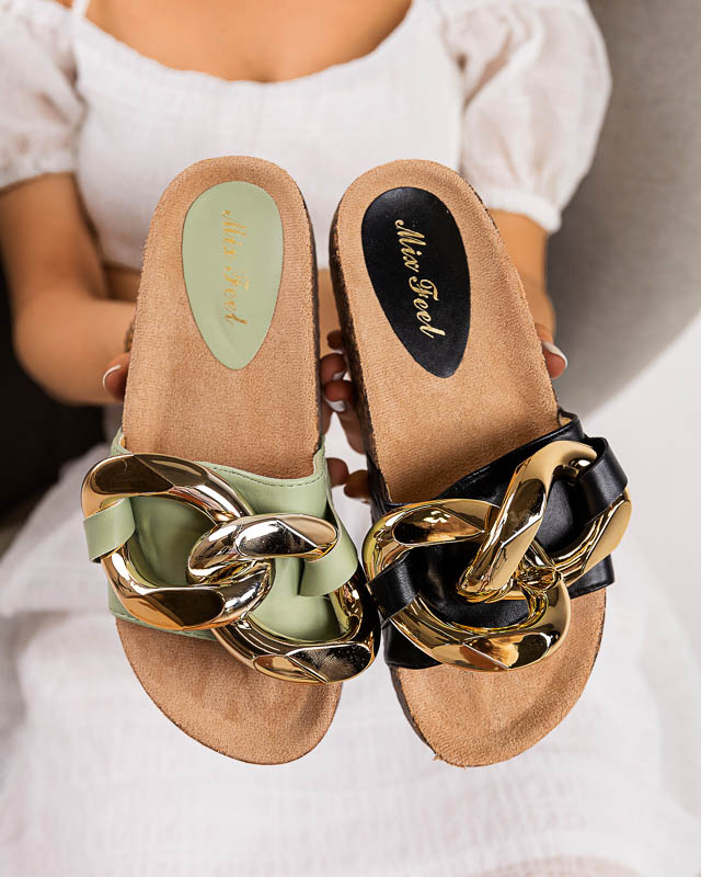 Černé dámské pantofle se zlatým zdobením Cirrenka - Obuv