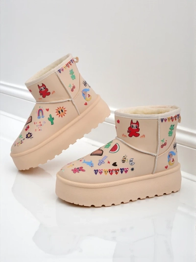 Oteplené boty Callisto Angelico s dětskými kresbami na platformě Beige