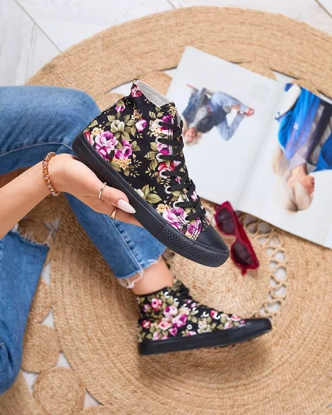 Royalfashion Dámské vysoké černé tenisky s květinami Soxic