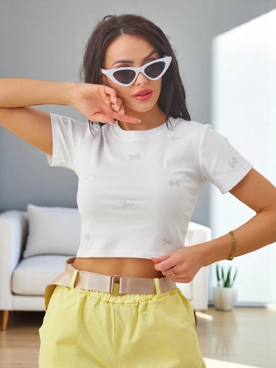 Royalfashion Dámský bavlněný crop top s krásnými flitry ve tvaru mašle