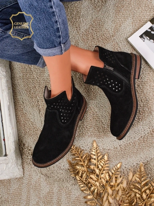 Botki Aurelia Nero zamszowe ażurowe botki damskie płaski obcas 3cm