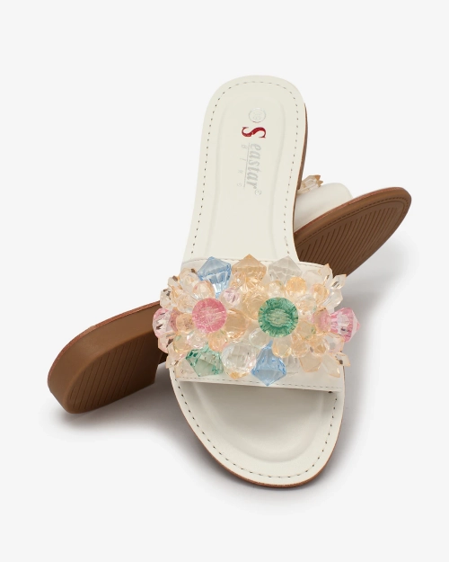Royalfashion Білі жіночі шльопанці з різнокольоровими кристалами Bling Breeze
