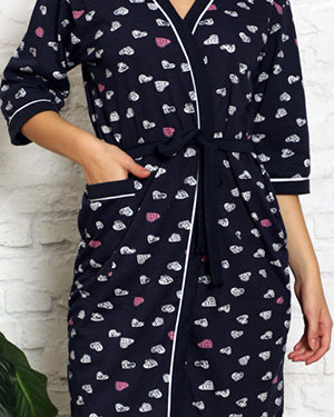 Темно-синій жіночий бавовняний халат з сердечками - Одяг