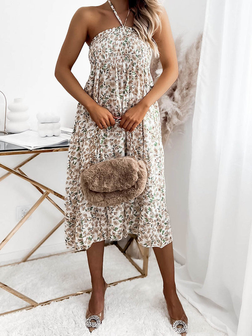 Жіноча біло-бежева сукня міді з принтом PLUS SIZE - Одяг