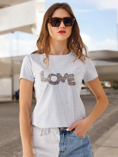 Royalfashion Dámské bavlněné tričko LOVE s rhinestones