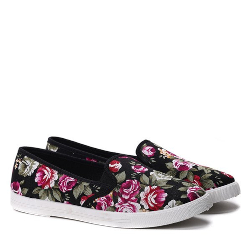 Czarne tenisówki typu slip on w kwiaty - Obuwie