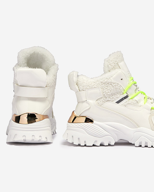Жіночі спортивні кросівки білі з хутром та неоново-зеленими шнурками Sagglo- Footwear