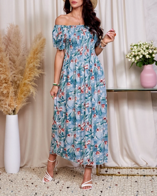 Синя жіноча квітчаста сукня міді - Одяг