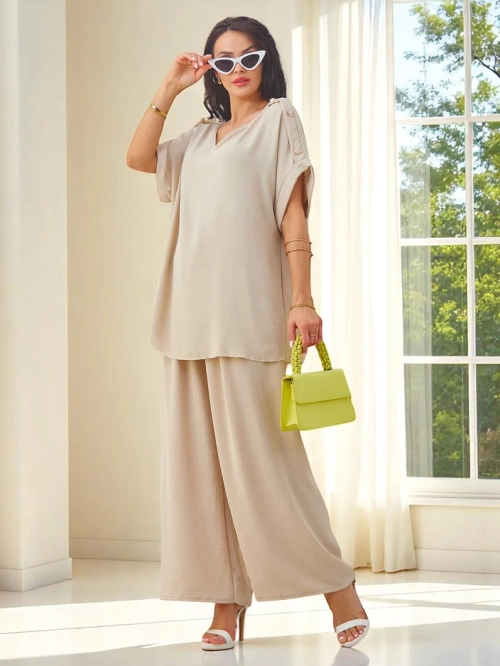 Royalfashion Жіночий бавовняний комплект з короткими рукавами та розкльошеними штанами