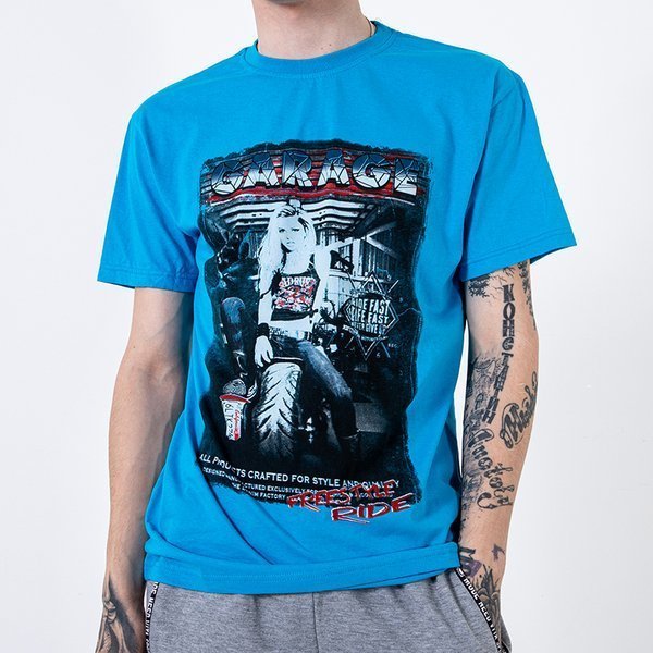 Pánské světle modré bavlněné tričko zdobené potiskem a nápisem - Oblečení