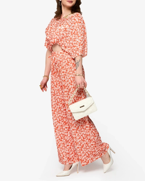 Помаранчевий жіночий плісирований комплект з чорними квітами - Одяг