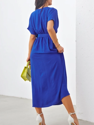 Royalfashion Жіноча міді-сукня з короткими рукавами, V-подібним вирізом та розрізом посередині