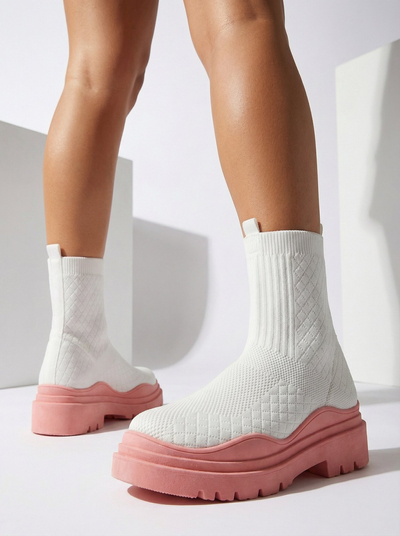 Bílé a růžové dámské kozačky na plochém podpatku Seritis - Obuv