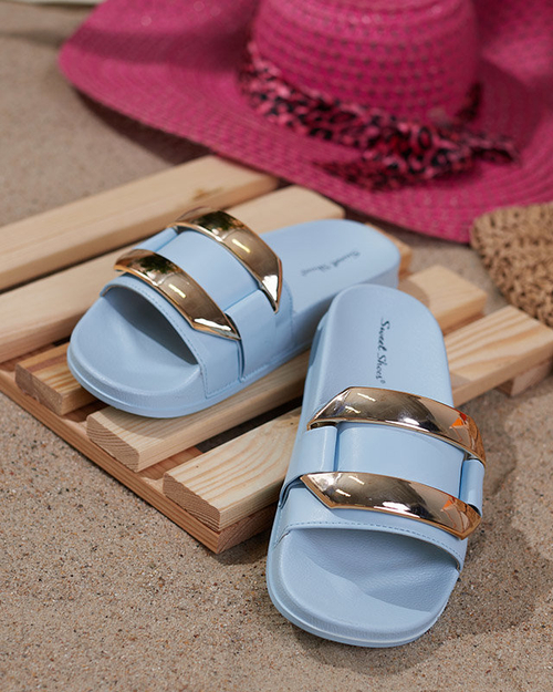 OUTLET Сині жіночі тапочки із золотистим орнаментом Serina - Взуття