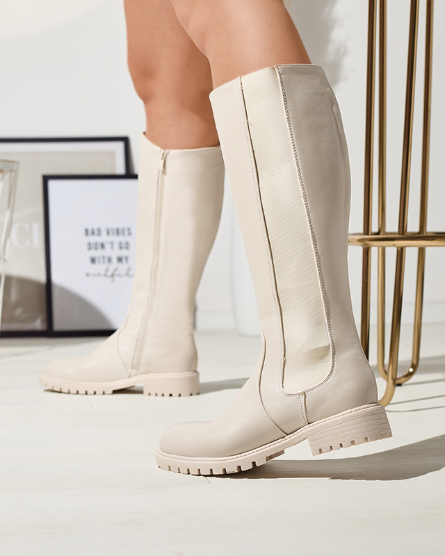 Bílé dámské kozačky nad kolena s plochým podpatkem Dexis - Obuv