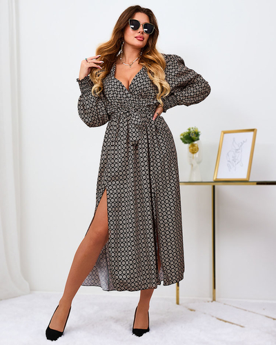 Royalfashion Бежево-чорна візерунчаста жіноча максі-сукня