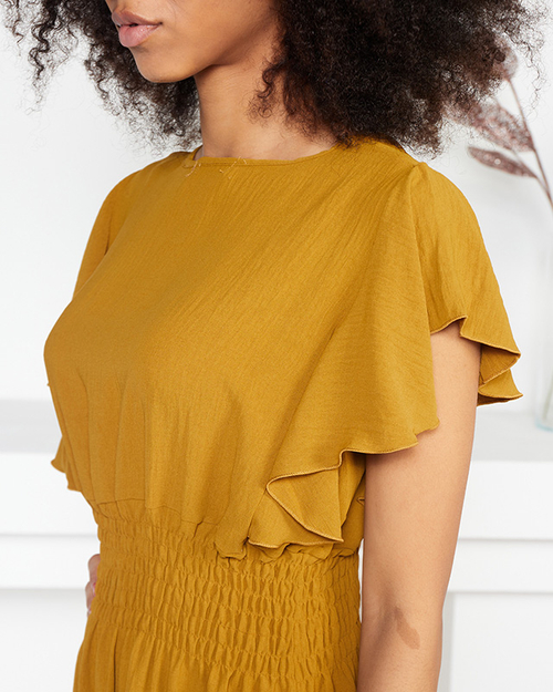 Сукня міді з еластичною талією гірчичного кольору - Одяг