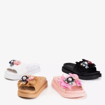 OUTLET Světle hnědé dámské pantofle s květy Mistera - Obuv