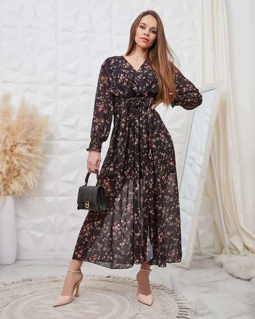 Royalfashion Чорна візерунчаста жіноча максі-сукня