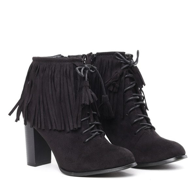 Czarne botki zamszowe na słupku z frędzlami - Obuwie