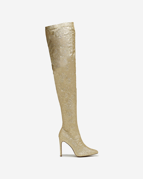 Золоті жіночі чоботи вище коліна з блискітками Qesda- Footwear