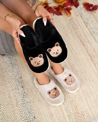 Жіночі хутряні капці Royalfashion чорні з ведмедиком Hettres