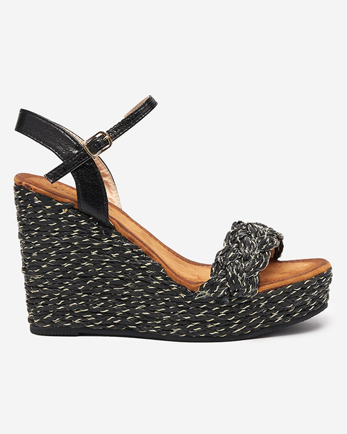 Жіночі чорні босоніжки із золотою ниткою на танкетці Carea-Shoes