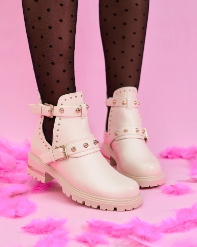 Royalfashion Cream dámské zdobené kozačky Jewel Walk na plochém podpatku