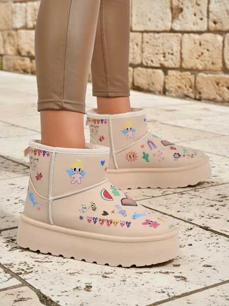 Oteplené boty Callisto Angelico s dětskými kresbami na platformě Beige