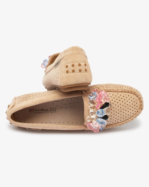 Royalfashion Ажурні світло-коричневі жіночі мокасини з декоративними кристалами Cizzas